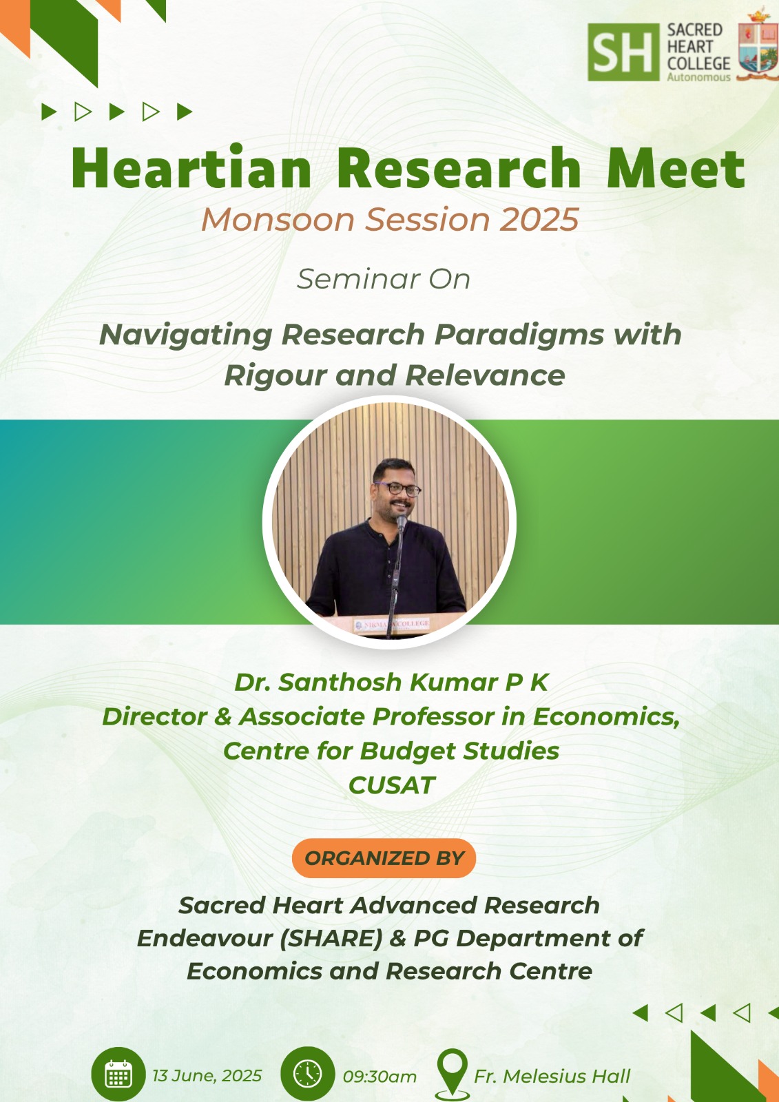 Poster of Heartian Research Meet 2025 Seminar on Research Paradigms at Sacred Heart College, Thevara