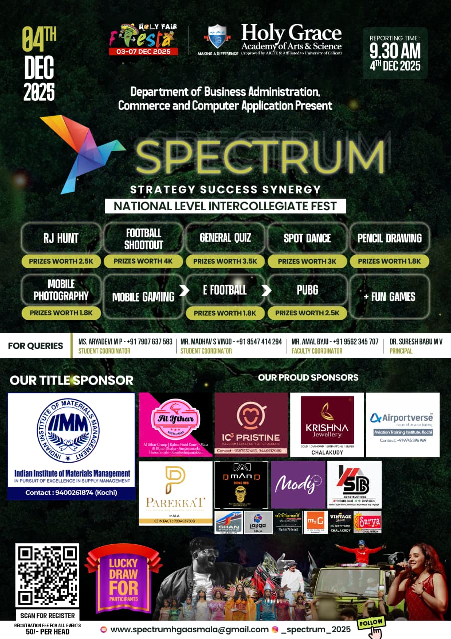 🚀 SPECTRUM 2K25: National Level Intercollegiate Fest at Holy Grace Academy, Mala