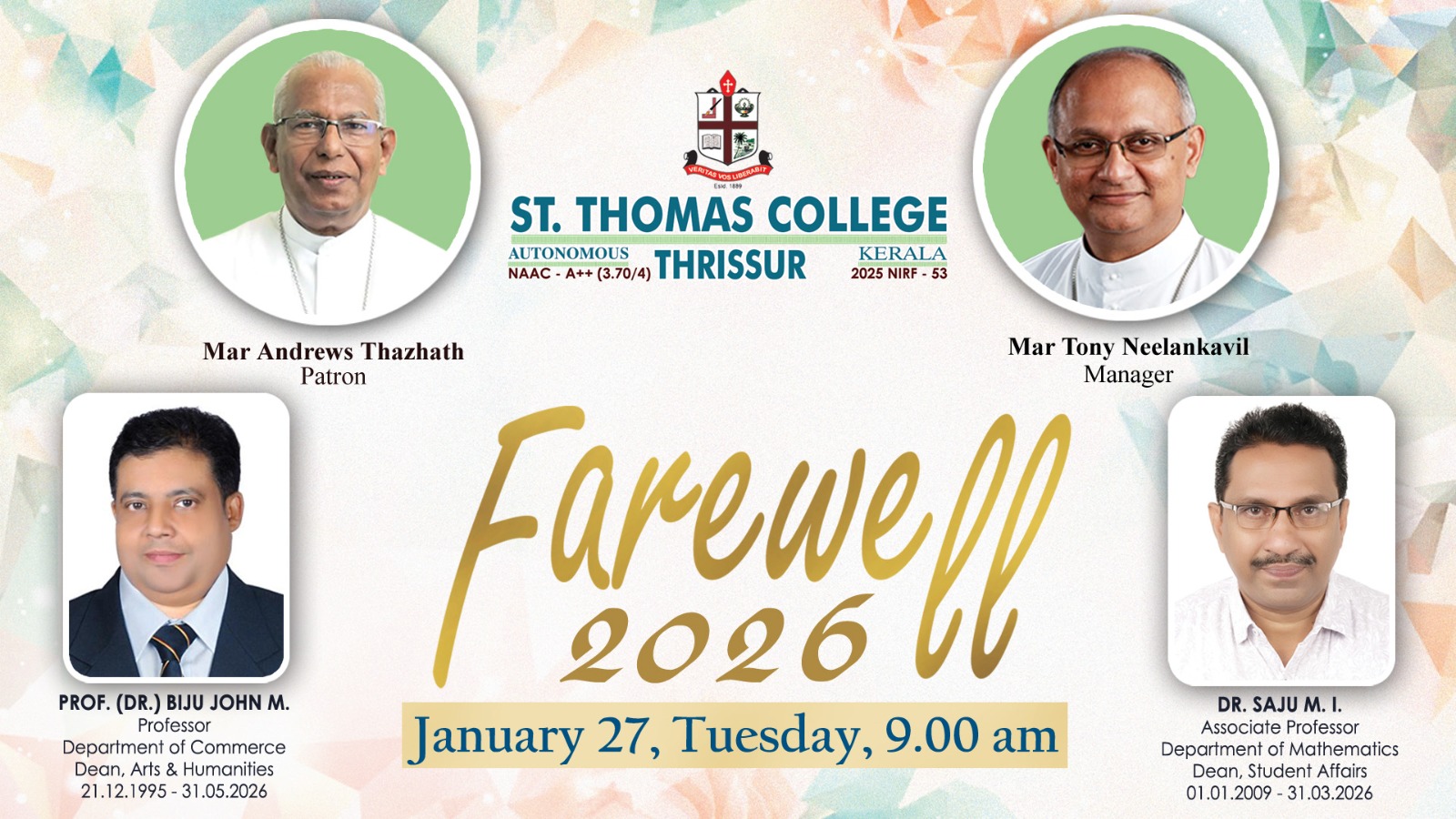 Dignitaries at the St. Thomas College Farewell 2026 honoring retired faculty.